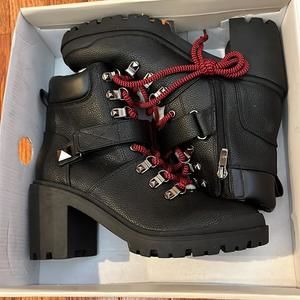 Marc Fisher Womens Faux Leather Red Lace Studded Furry Ankle Boots Shoes